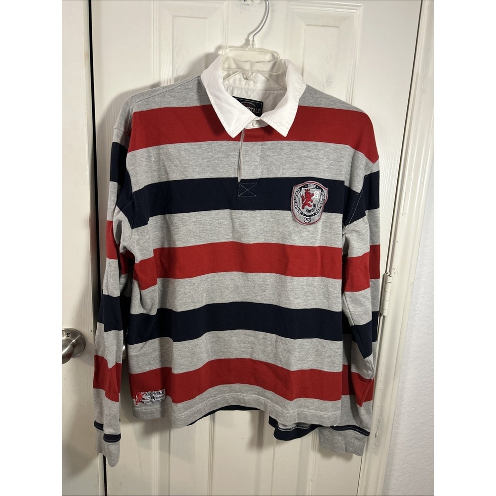 VTG Y2k 2000s Aeropostale Blue Gray Red Striped Rugby Shirt Mens XL